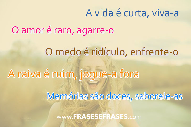 A vida é curta, aproveite-a. O amor é raro, agarre-o. A raiva é ruim, jogue-a fora. O medo é ridículo, enfrente-o. Memórias são doces, saboreie-as.